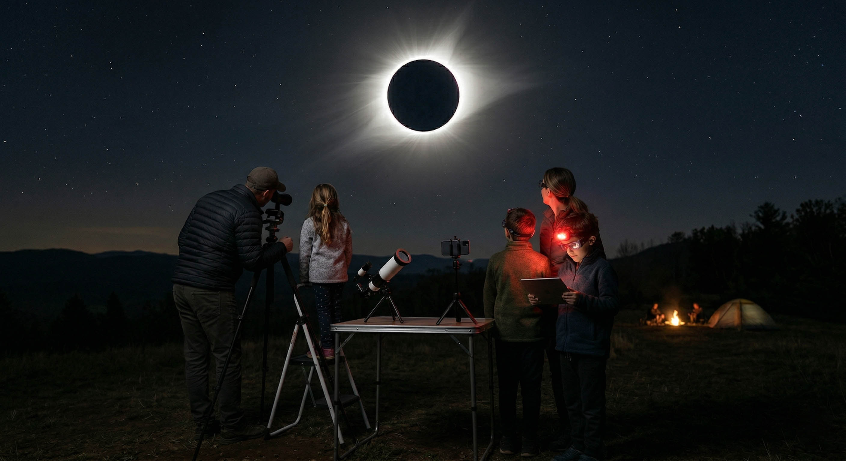 Familias observando el eclipse de forma segura