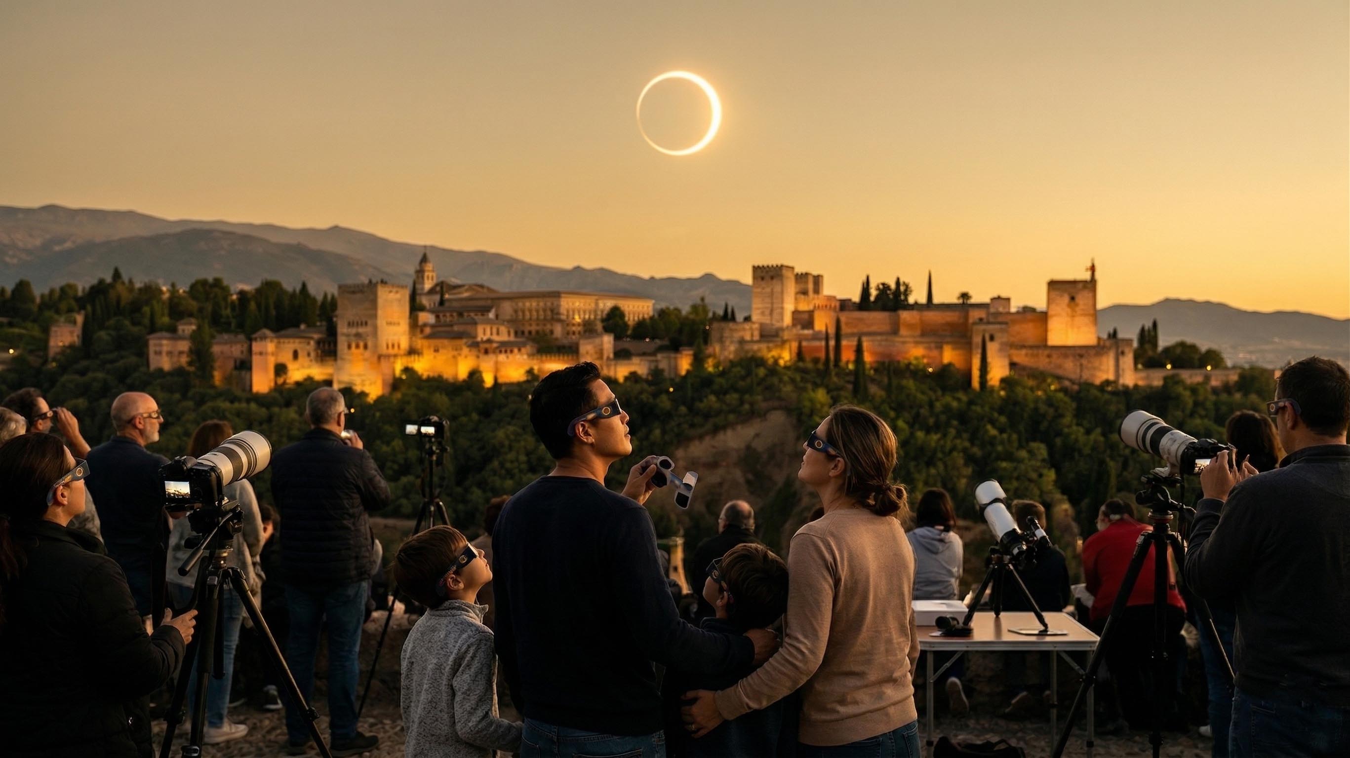Familias observando el eclipse